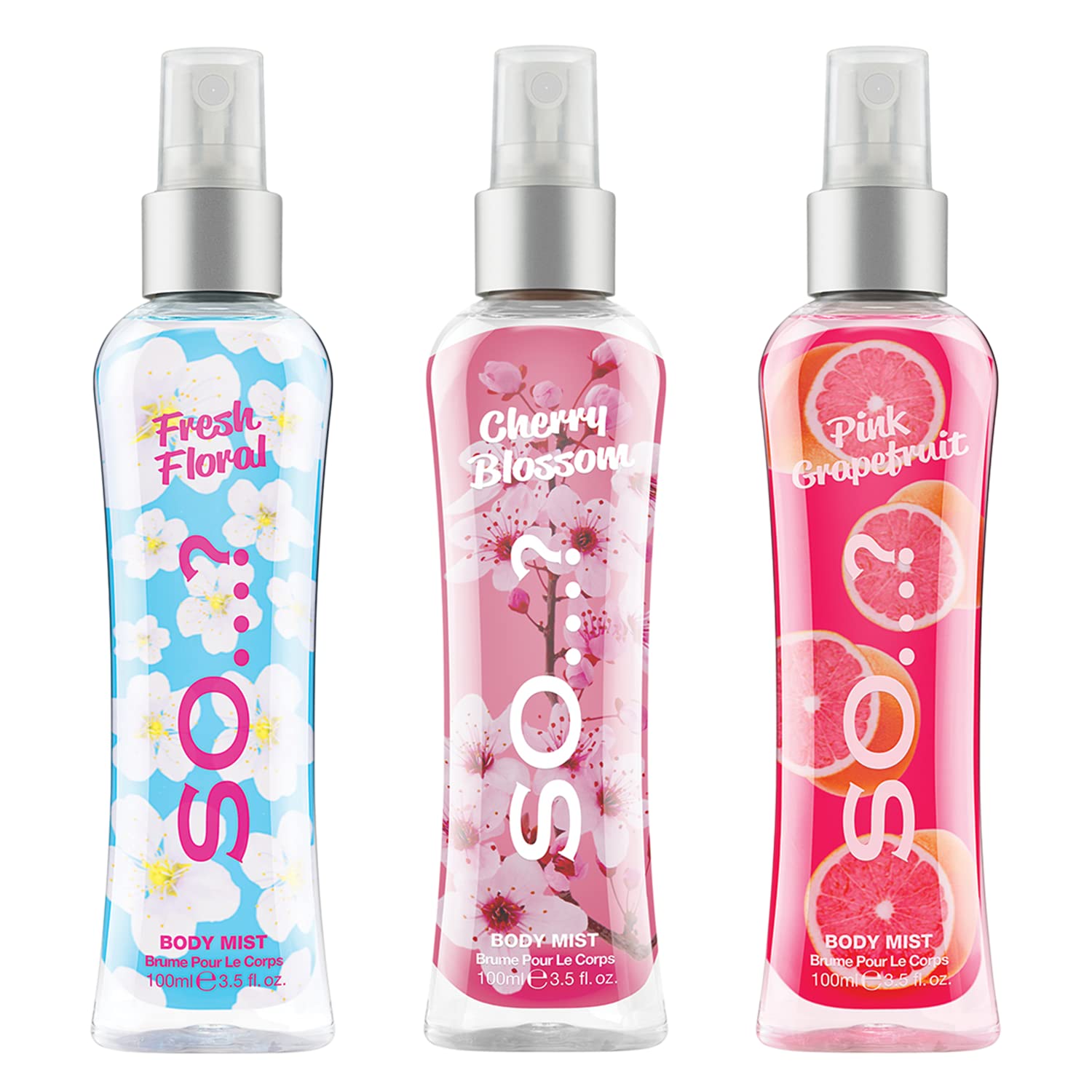 So…? Body Mist Kit for Women - 3 Pc Kit 3.5oz Fresh Floral Body Mist, 3.5oz Cherry Blossom Body Mist, 3.5oz Pink Grapefruit Body Mist