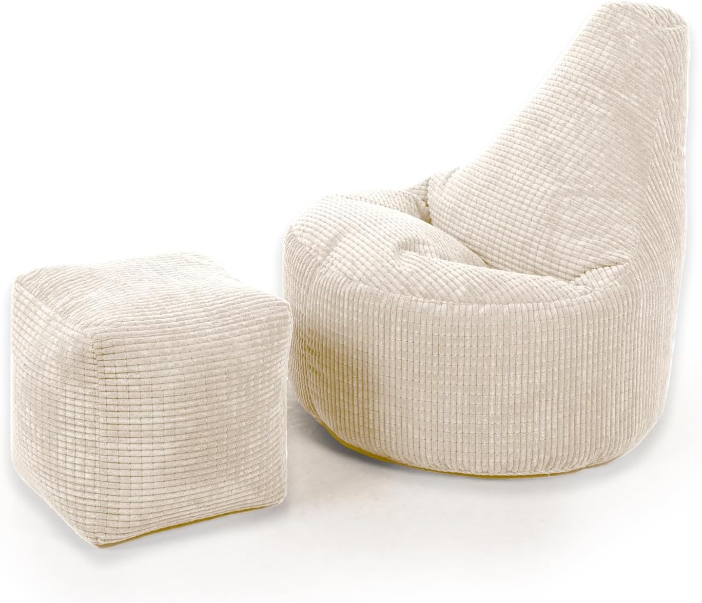 Gilda Recliner Chair Bean Bag with Footstool in Soft Comfy Corduroy Fabric Polystyrene Bead Filling Included (Cream)