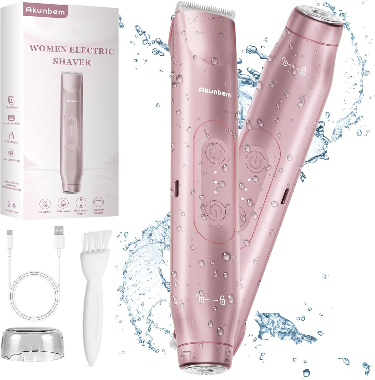 2 in 1 Women Electric Shaver Dual Head Bikini Trimmer for Women IPX7 Waterproof Wet & Dry Use Body Hair Trimmer and Facial Hair Remover for Bikini Underarm Leg Arm Body Face, Pink