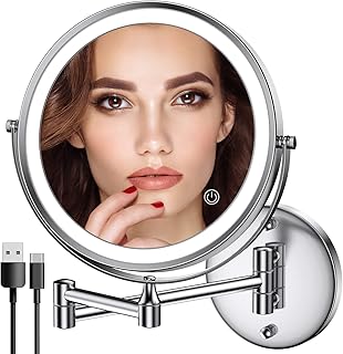 Rechargeable Wall Mounted Lighted Makeup Mirror Chrome, 8 Inch Double-Sided LED Vanity Mirror 1X/10X Magnification,3 Color Lights Touch Screen Dimmable 360°Swivel 13 Inch Extendable