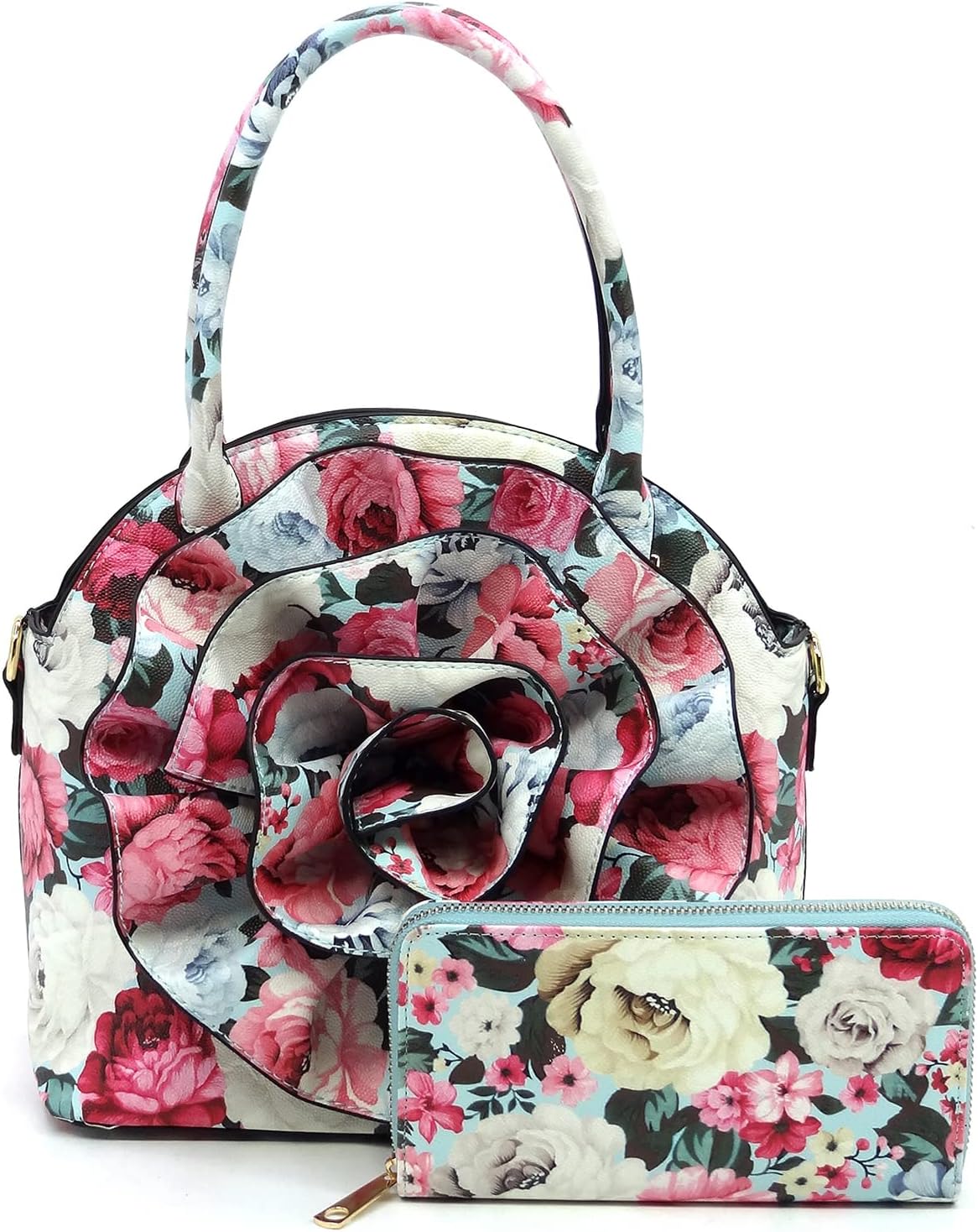 3D Flower Women Handbag and Matching Wallet Set Floral Printed Top Handle Purse 2PCS Set
