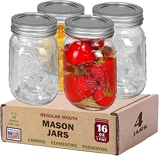 Regular Mouth Mason Jars 16 oz. (12 Pack) - Pint Size Jars with Airtight Lids and Bands - Made in USA - for Canning, Fermenting, Pickling, Meal Prep, or DIY Decors and Projects Bundled with Jar Opener