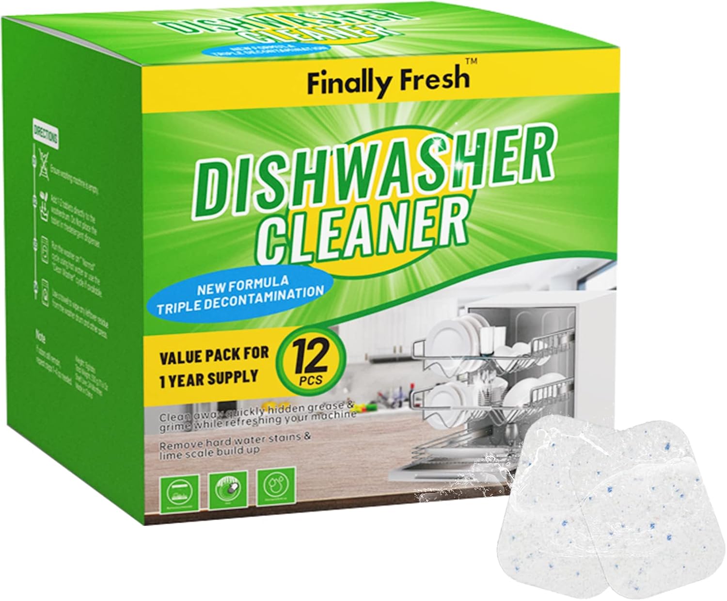 Finally Fresh Dishwasher Cleaner And Deodorizer, Dishwasher Cleaner Tablets to Remove Limescale and Mineral Buildup, Formulated to Clean Inside All Machine, 12 Count.
