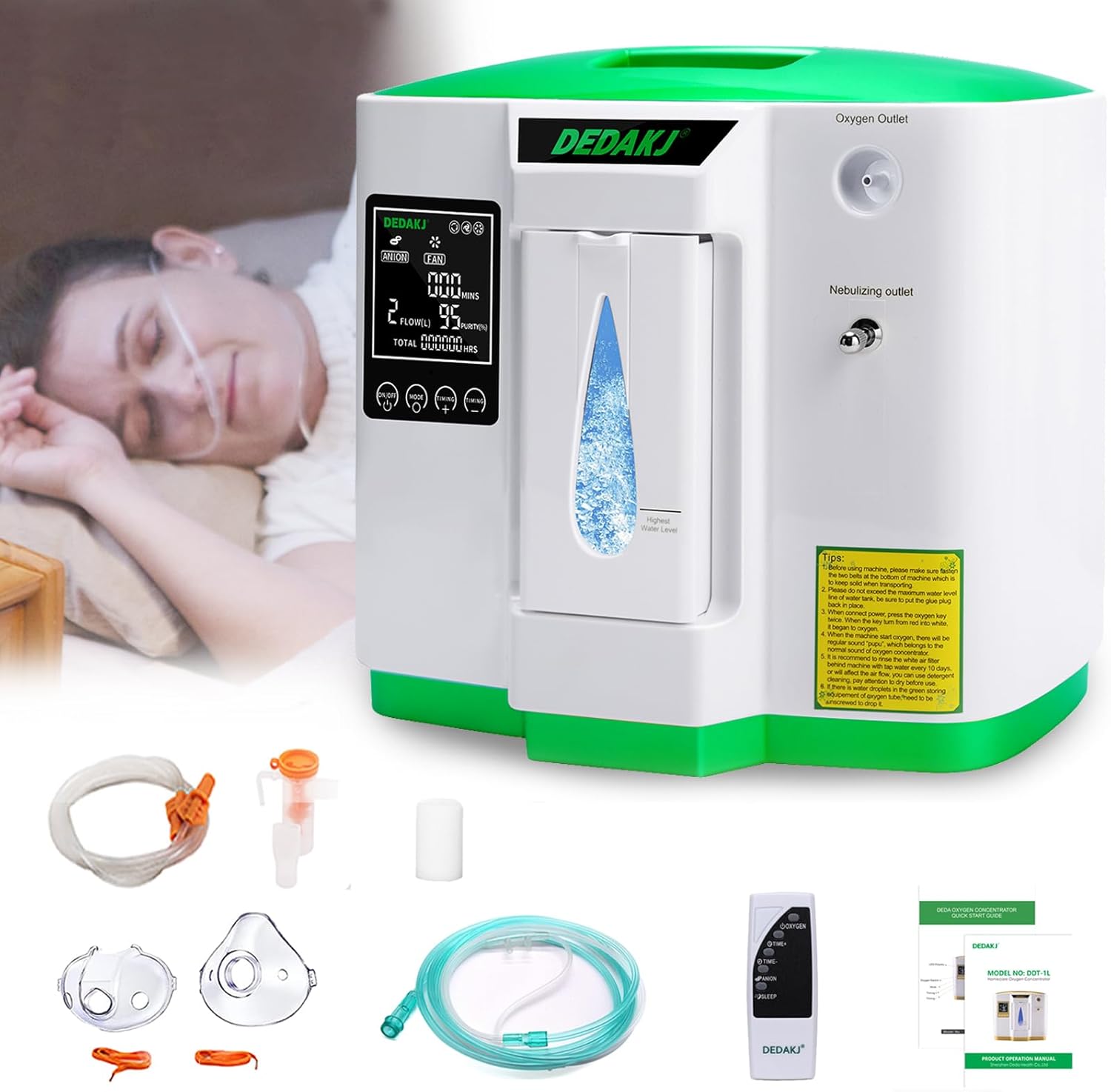 DEDAKJ Oxygen Machine 2-9L / min, 30%-90%, with Remote Control, Atomise, Accumulated Time Adjustment for Home and Travel(2AW)