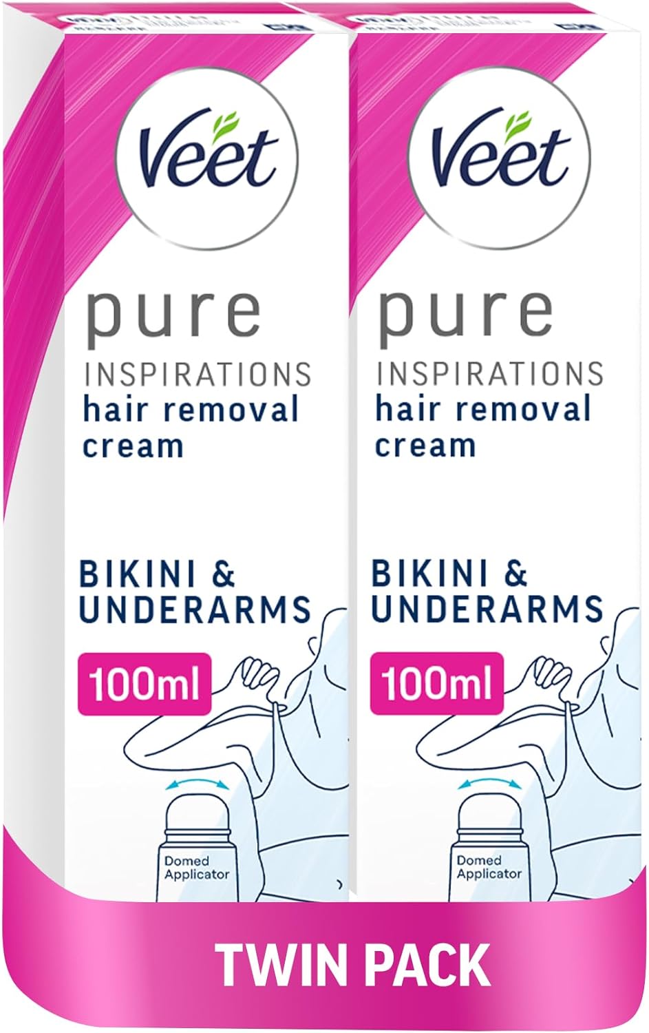 Veet Hair Removal Cream, Bikini & Underarms, Sensitive Skin,100ml (Pack of 2, 200ml), 1 Domed Applicator Each (2 Applicators)