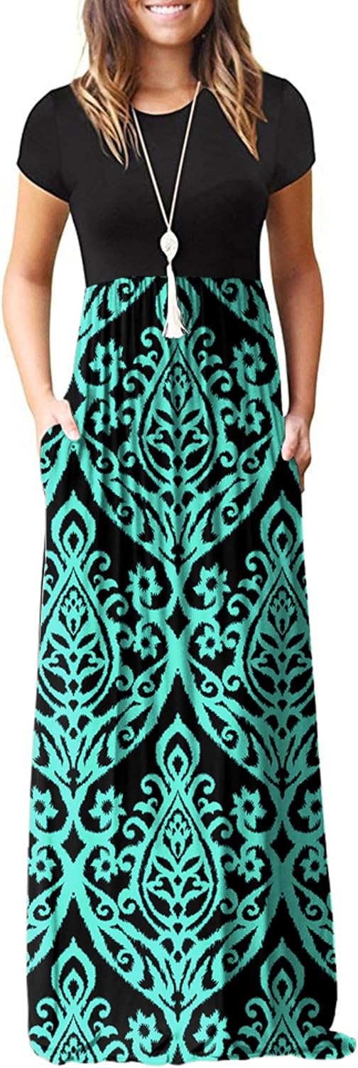 GRECERELLE Womens Maxi Dress Ladies' Summer Casual Short Sleeve Long Dresses with Pocket for Daily, Holiday, Travel, Maternity