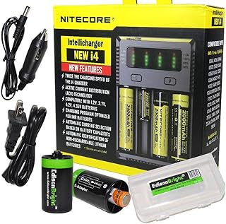 NITECORE New i4 battery Charger For Li-ion / IMR / Ni-MH/ Ni-Cd 18650 18350 16340 RCR123 14500 AA AAA D C w/ Ac and 12V DC (Car) power cords, EdisonBright BBX3 battery box, 2 X AA to D type batteries