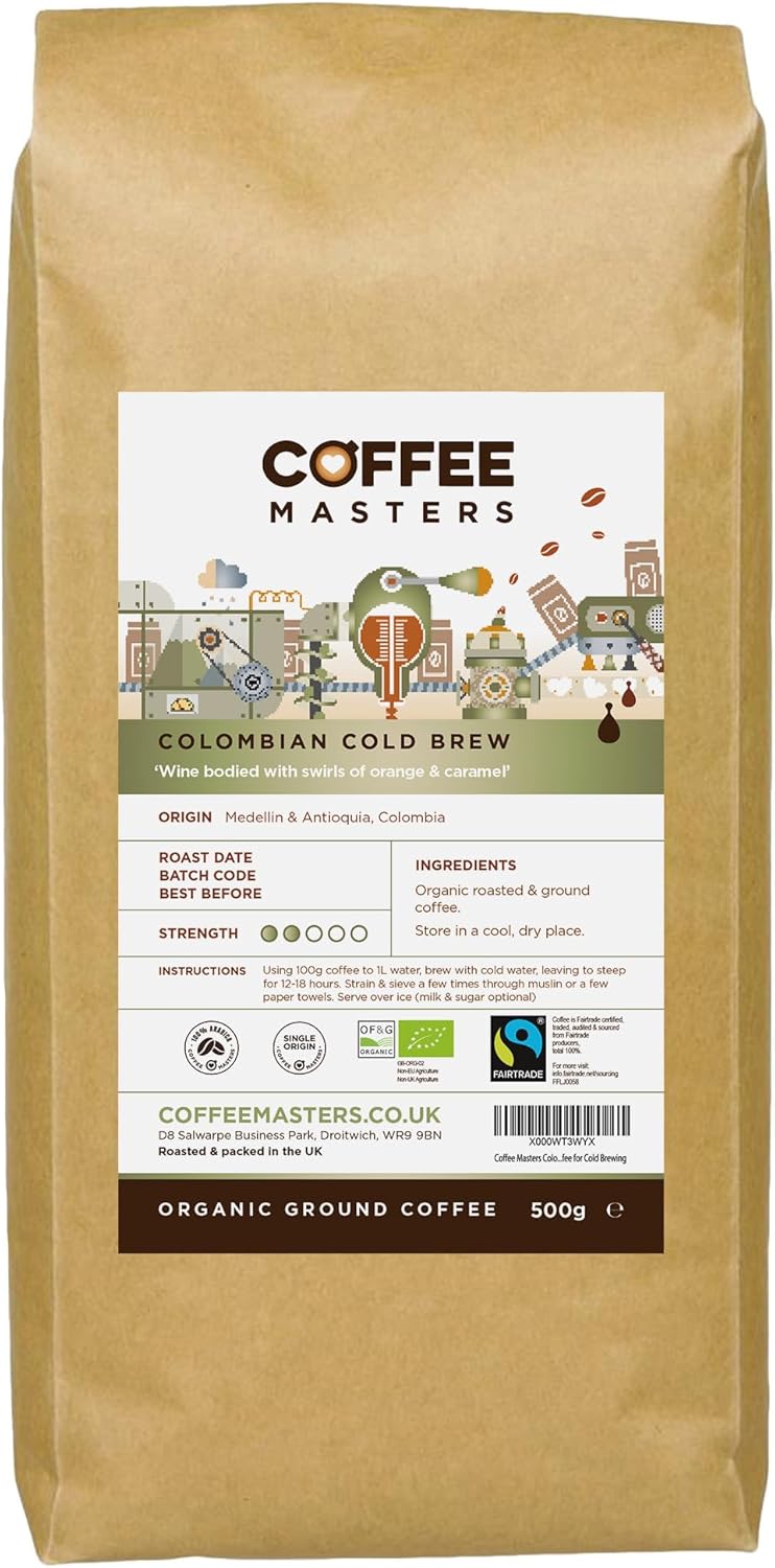 Coffee Masters Colombian Cold Brew Ground Coffee - 500g Light Roasted Espresso Bean - Organic, Single Origin, Fair Trade, 100% Arabica Coffee Beans