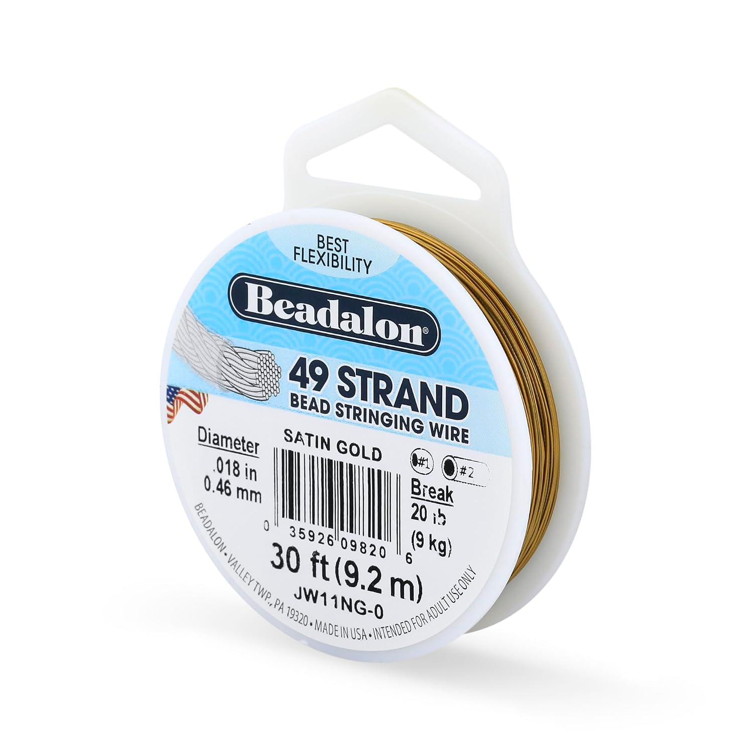 Beadalon 49 Strand Stainless Steel Beading Wire, Satin Gold - .018in/0.46mm