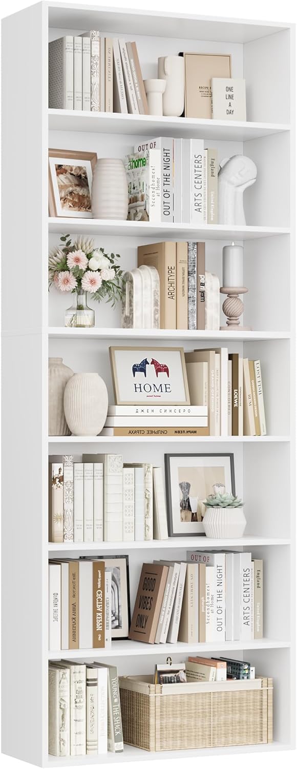 FirFurd Bookcase 7 Tiers Bookshelf White Living Room Bookcases Free Standing Display Shelf Tall Shelving Unit for Home Office 60x23.5x209.5cm