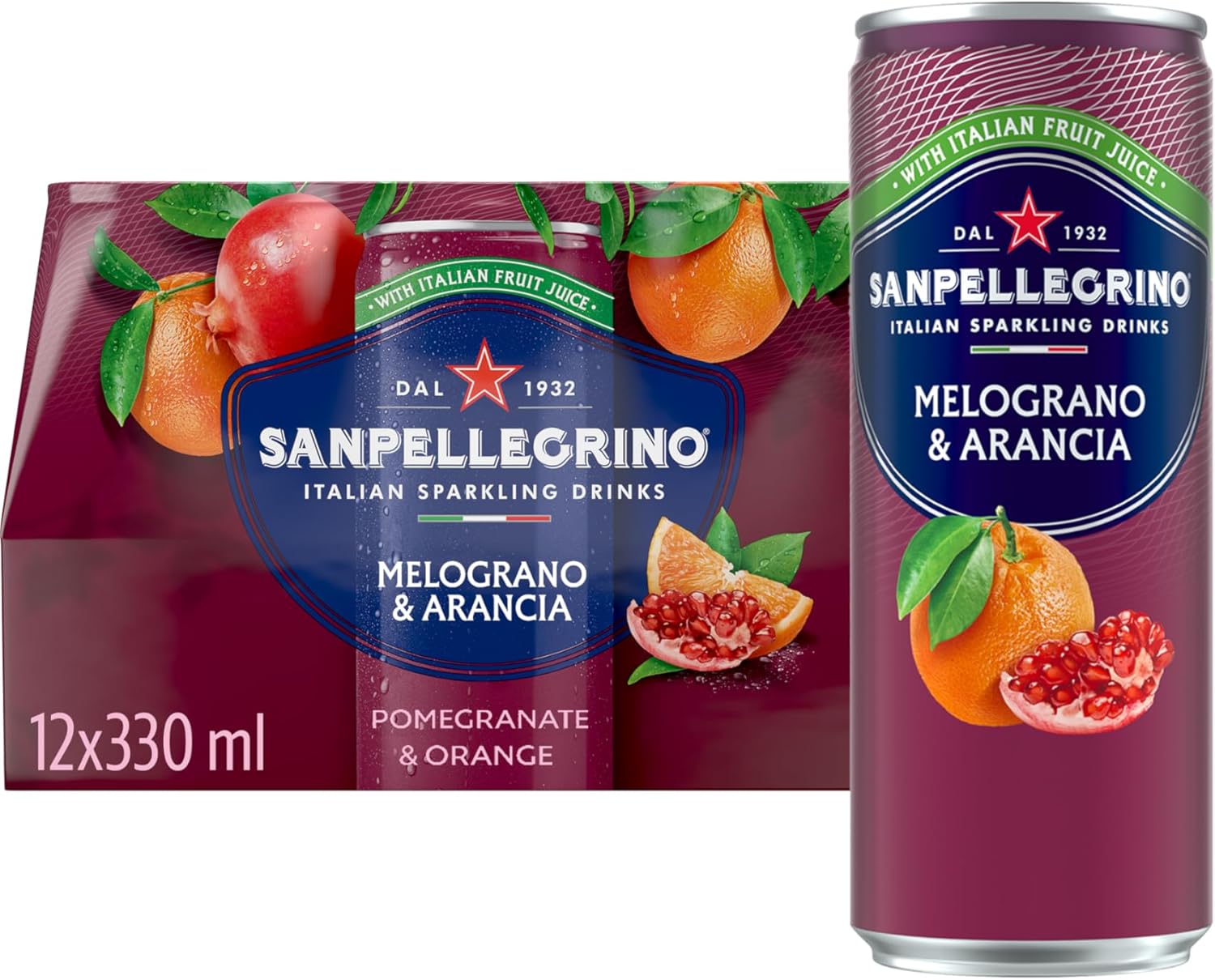 San Pellegrino Italian Sparkling Drinks Tastefully Light Sparkling Pomegranate & Orange Canned Soft Drink 12 x 330ml | 68 kCals per Can