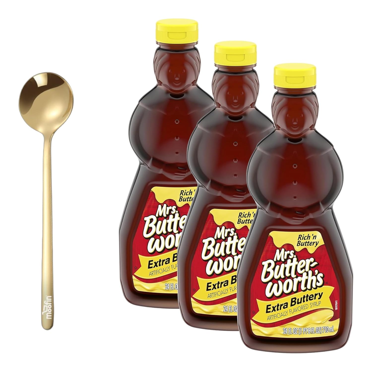 Mrs. Butterworth's Extra Buttery Pancake Syrup, 24 fl oz - Extra Buttery Taste Pancake Syrup, Ideal for Waffles & French Toast, with Moofin Golden SS Spoon - Traditional Flavor, 3-Pack