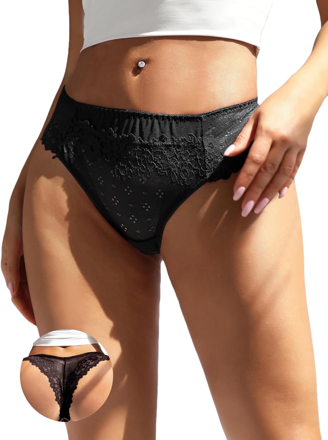 comeondear Womens Lace French Knickers Comfortable Cotton Crotch Floral Thongs Sexy Briefs Low Waisted Panties Plus Size Underwear Soft Stretchy Bikini UK 10-18