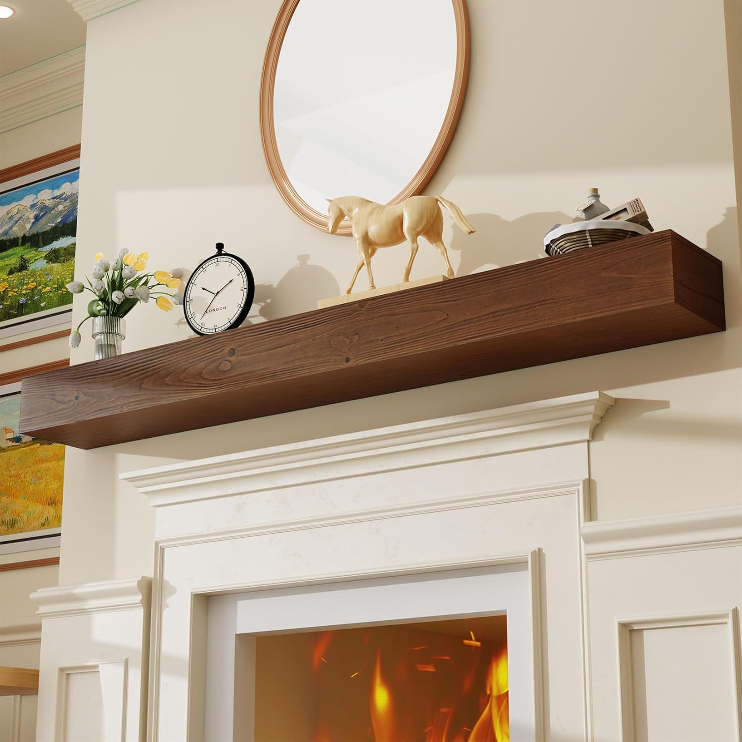 Floating Fireplace Mantel Shelf 72 inch Rustic Solid Wood Mantels for Fireplace Natural Pine Wood Mantle for Fireplace Living Room Farmhouse - 72 X 8 X 5,Rustic Traditional