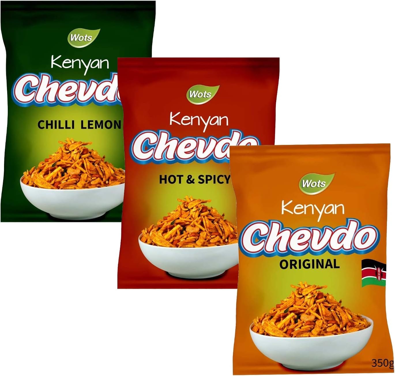 Bharti Ben Wots Kenyan Chevdo Chevda Snack Mix Trio (Original, Hot & Spicy and Chilli Lemon)