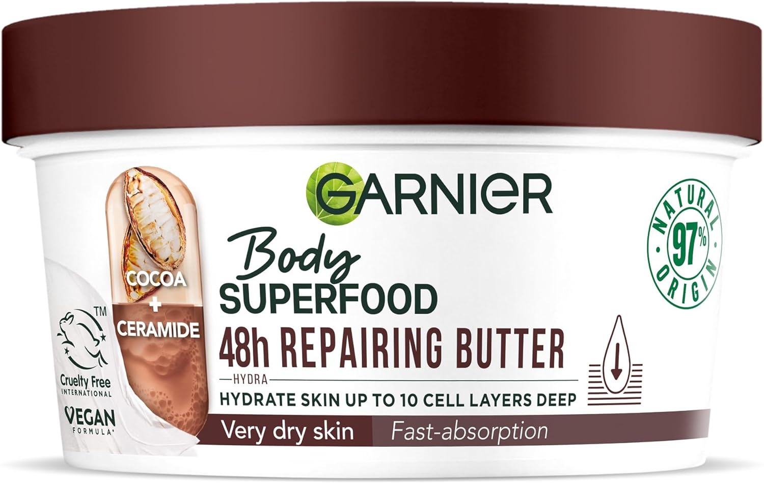 Garnier Body Superfood, Repairing Body Butter, with Cocoa & Ceramide, Body Butter for Very Dry Skin, Vegan Formula, 300ml