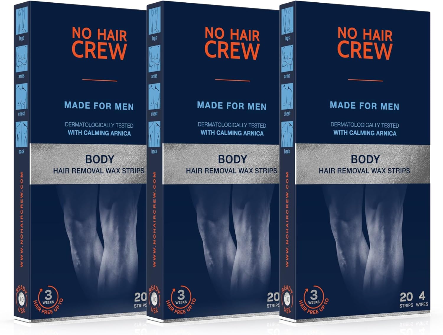 NO HAIR CREW 3 x 20 Body Hair Removal Wax Strips – High Performance Wax Strips. Made for Men (Set, 3 x 20 Strips & 4 Soothing Cleansing Wipes).