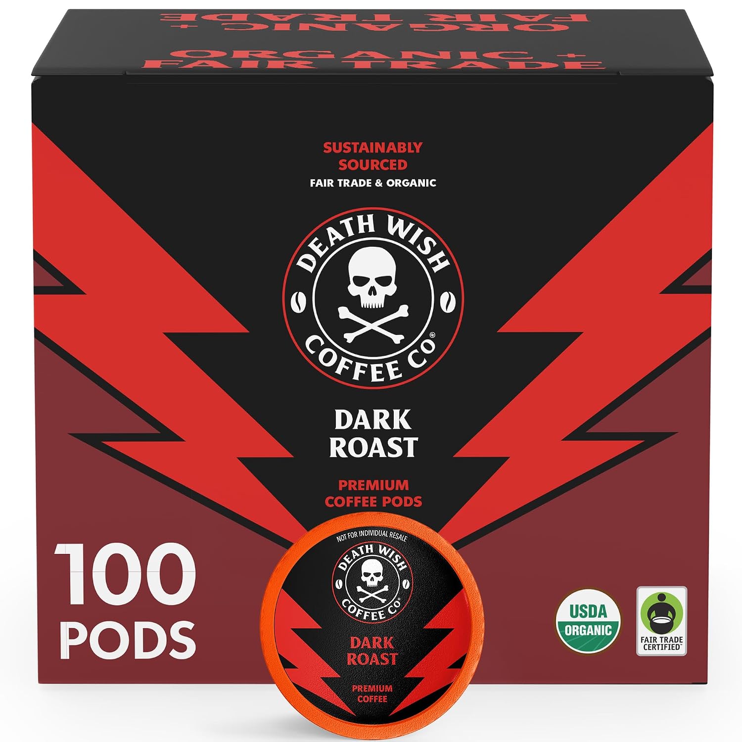 Death Wish Coffee Dark Roast Single Serve Coffee Pods, Organic, 100 Count