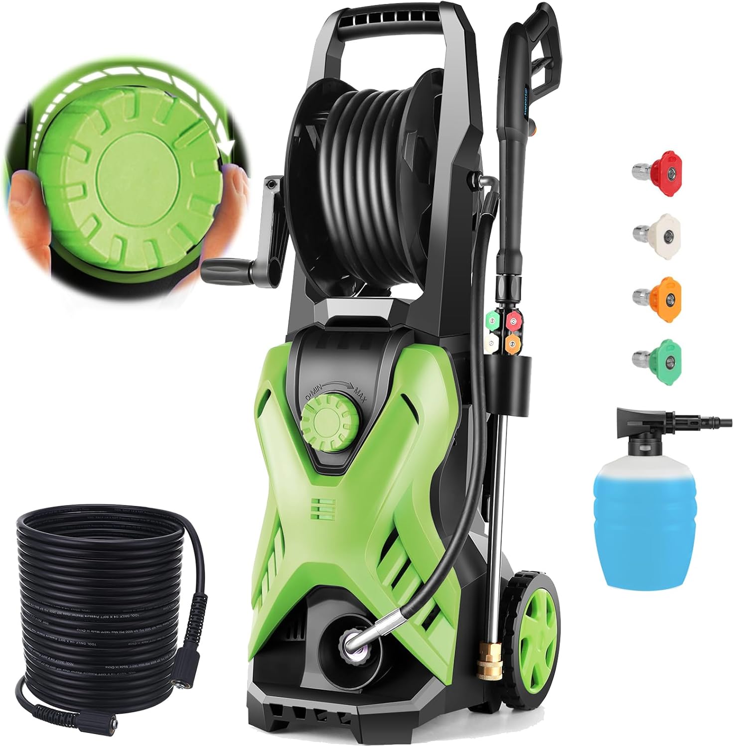 5000 PSI Adjustable Pressure Washer 2.8GPM Electric Power Washer with 33ft Pressure hose, 4 Nozzle and Foam Cannon, Powerwashers for home, Cars, Pressure Setting Range (2500PSI-4500PSI)Green