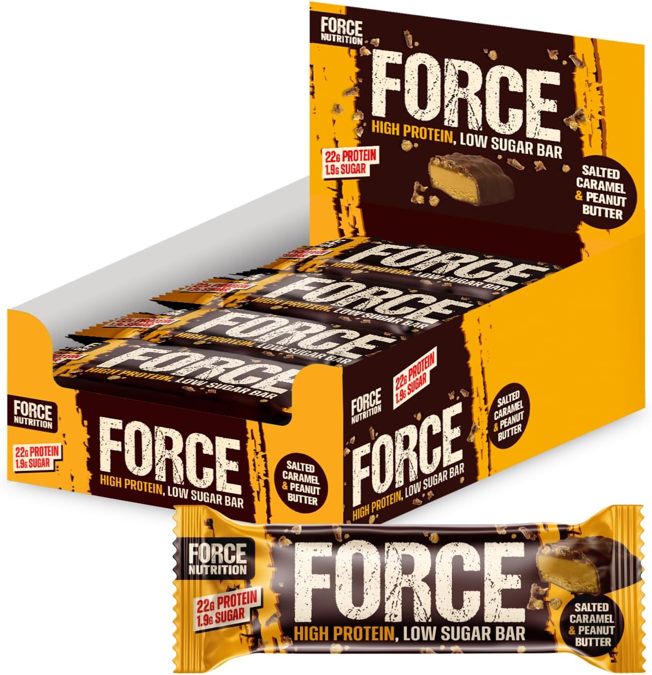 Force Protein Salted Caramel & Peanut Butter Bar - High Protein, Low Sugar, 12X65G - 22g of Protein
