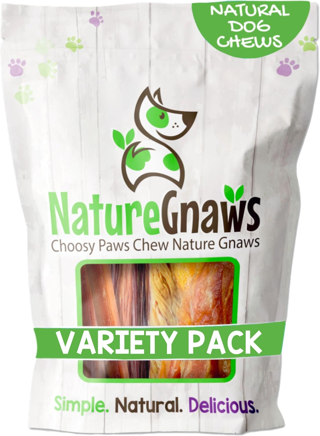 Nature Gnaws Large Dog Chews Variety Pack - Premium Natural Beef - Combo Bag of Bully Sticks, Tendons and Beef Jerky for Dogs - Rawhide Free (12 Count)