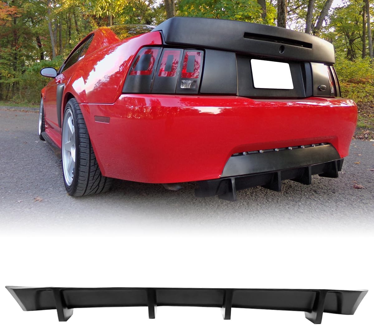 Rear Bumper Lip Diffuser Spoiler, Compatible with 1999-2004 Ford Mustang (Not Fit The Cobra Rear Bumper), MDA 4 Fin Style PU Lower Splitter Protector, Unpainted Black, 1PC