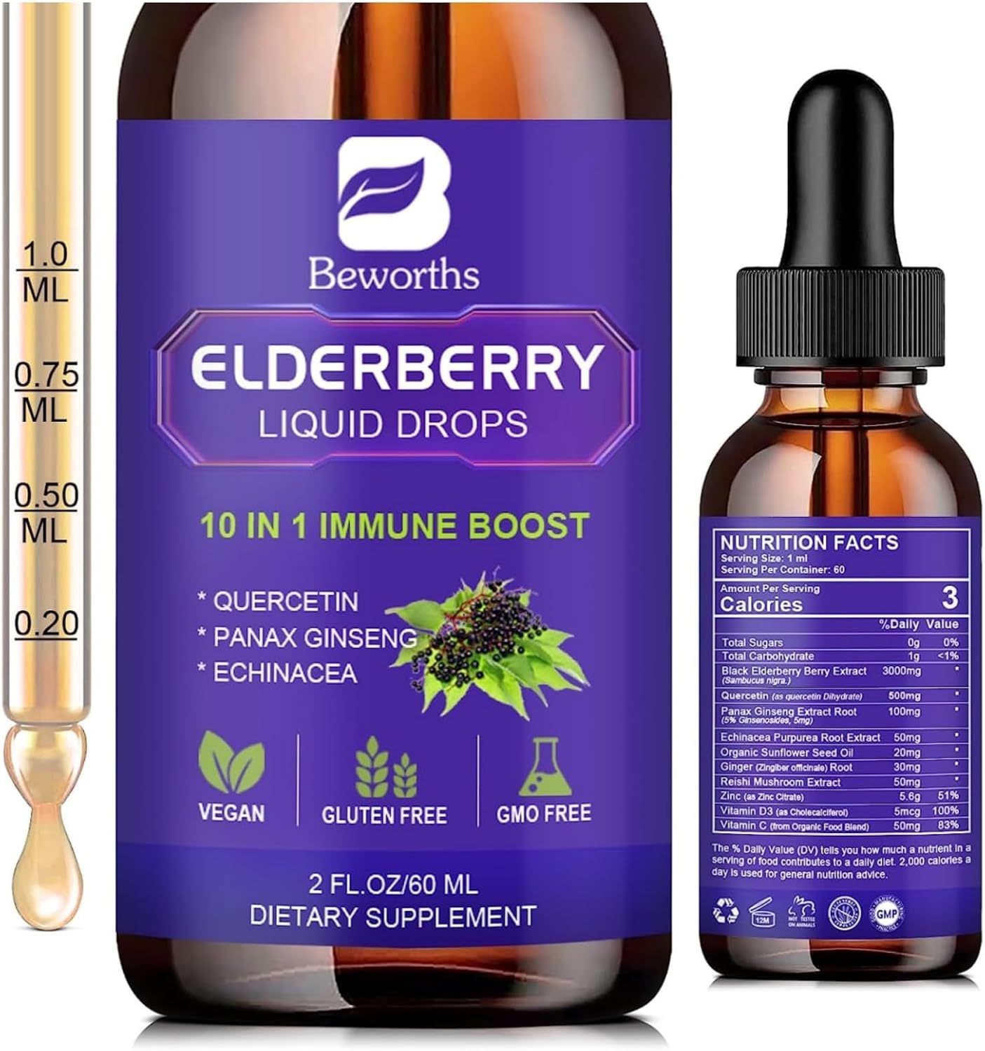Elderberry Syrup | Black Elderberry Liquid Drop Zinc Quercetin Supplements for Immune Support | Sambucus Elderberry with Zinc and Vitamin C, D3 | Vegan | Non-GMO | Gluten Free | 30 Servings