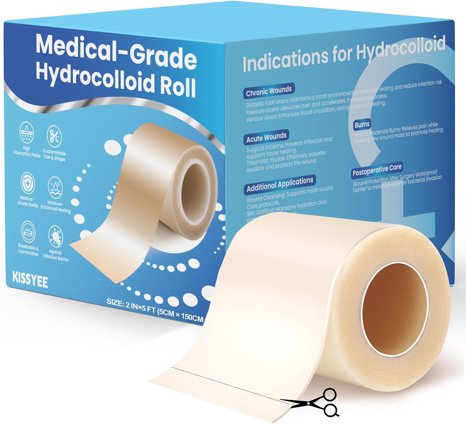 Hydrocolloid Roll Bandages, 2IN x 5FT Extra Large Hydrocolloid Patch with Self-Adhesive, Ultra Absorbent, Cut-to-Size, Flexible & Waterproof for Burn, Blister, Acne Care, First Aid Kit Essential