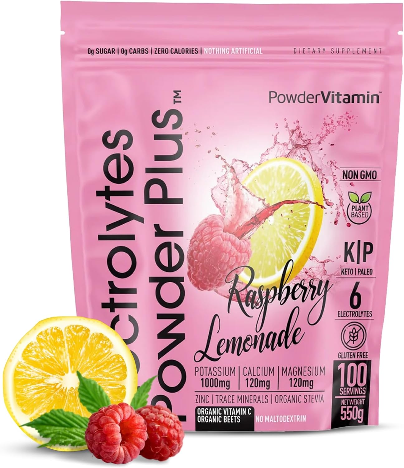 Electrolytes Powder Plus (100 Servings) Raspberry Lemonade Electrolyte Powder, Zero Calorie, Keto, Zero Sugar, No Maltodextrin, 1000mg Potassium,120mg Calcium,120mg Magnesium, Hydration