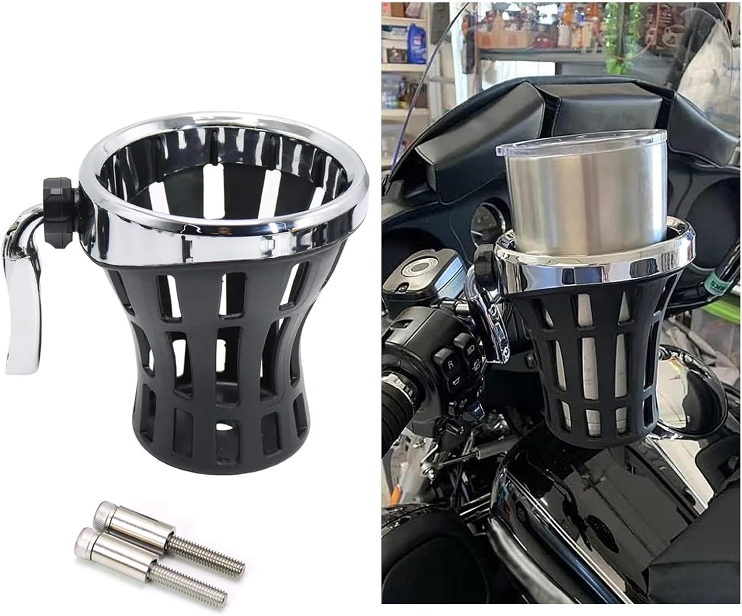 Motorcycle Handlebar Drink Cup Holder Plated and Rubber Chrome/Black Mount for Harley Davidson Passenger Water Bottle Holder with Mesh Basket for Honda Goldwing GL 1800 (102/142 MM)