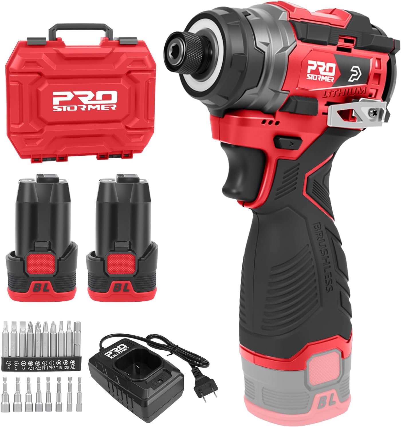 Prostormer 17V Cordless Impact Driver Set, 140Nm Brushless Screwdriver(Red)
