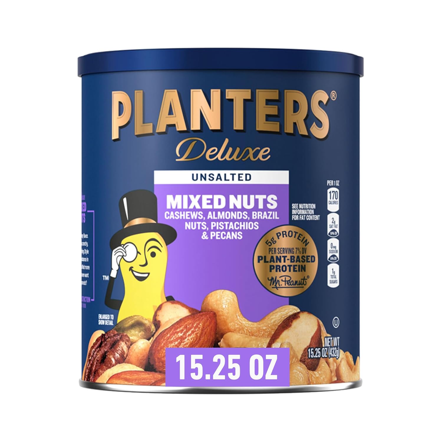 PLANTERS Deluxe Unsalted Mixed Nuts, Party Snacks, Plant-Based Protein, 15.25 Oz Canister