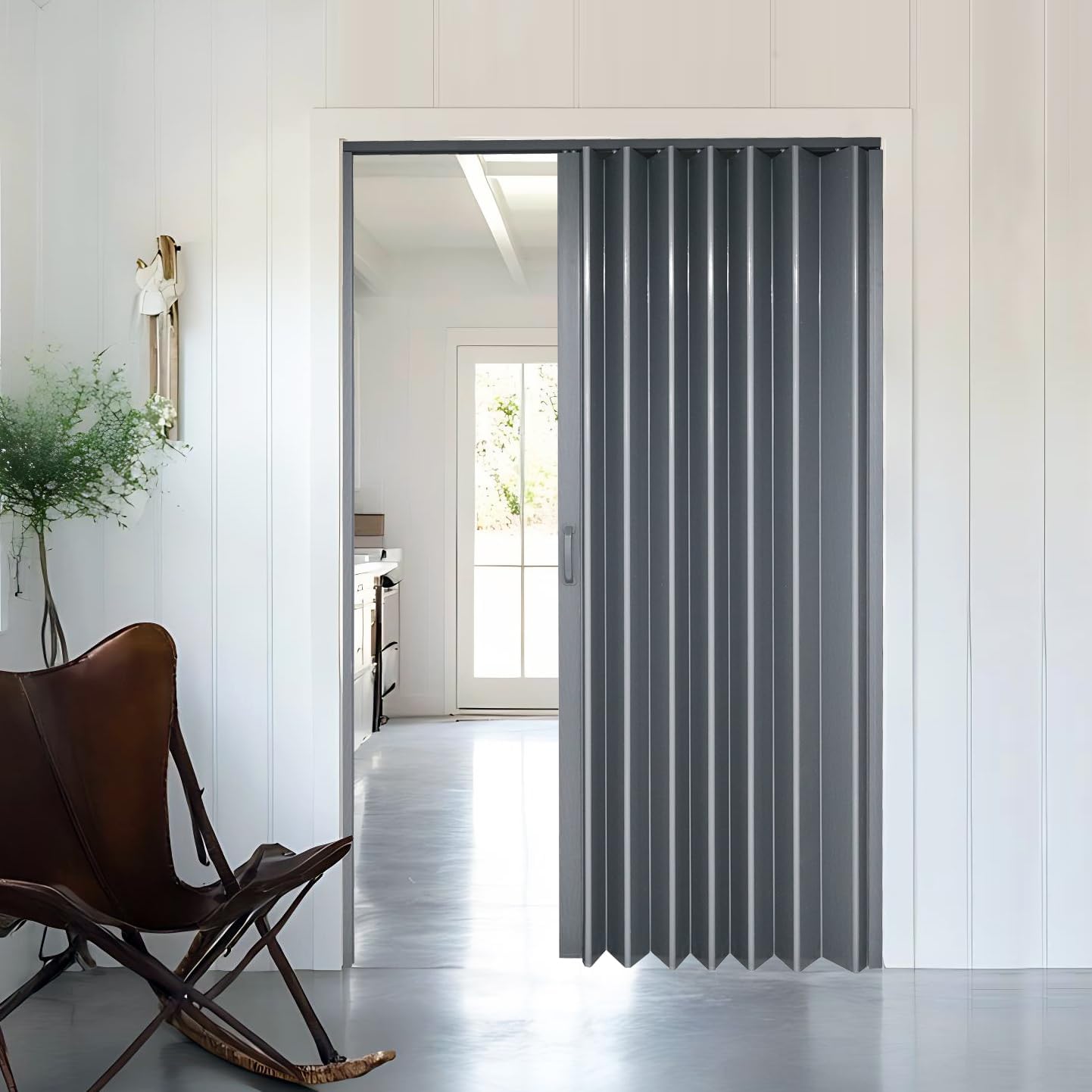 DIYHD 60X80in Grey PVC Folding Accordion Door for Interior, Includes Mounting Hardware, Handle & Latch,Single Door,Close to Right or Left