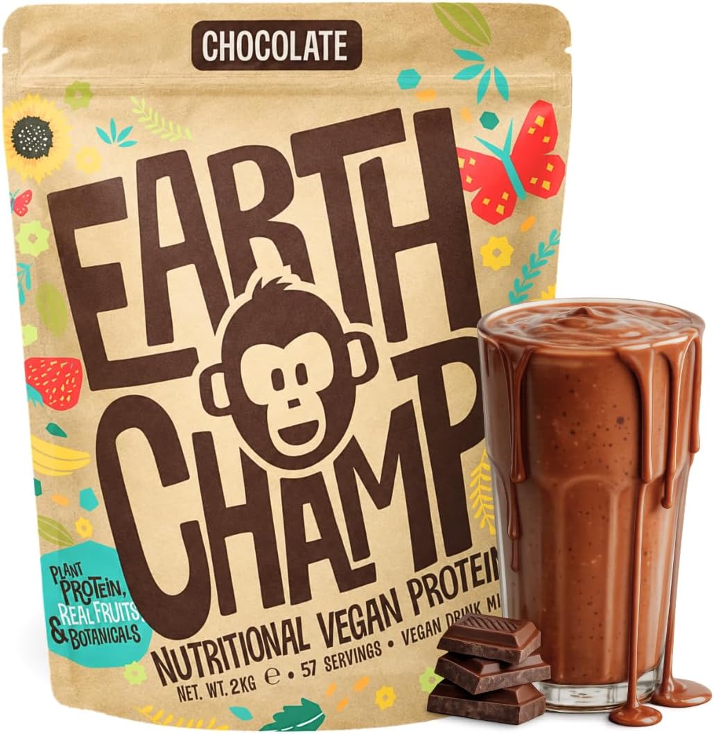 EarthChamp Vegan Protein Powder Chocolate 2kg Plant Based, Lactose Free | No Artificial Sweeteners - Dairy, Gluten, Lactose & Soya Free, with Vitamin D, B6 & B12, Ideal for Shakes & Smoothies