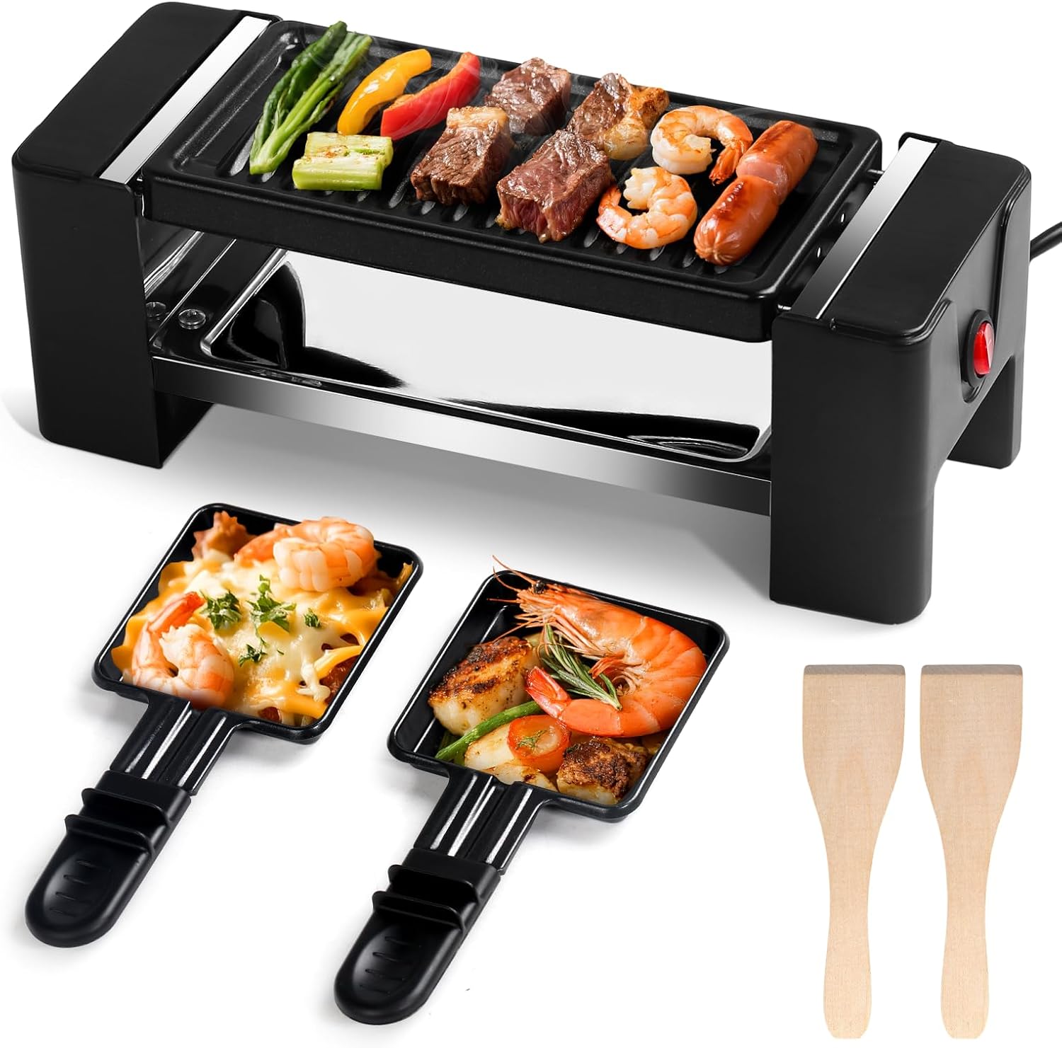 Electric Griddle Indoor Grill Small Korean BBQ Grill, Mini Electric Grill Outdoor with 2 Raclette Cheese Pan for Indoor Cooking Non-Stick Removable Plate, 350W Black Ideal for Home Apartment Cooking