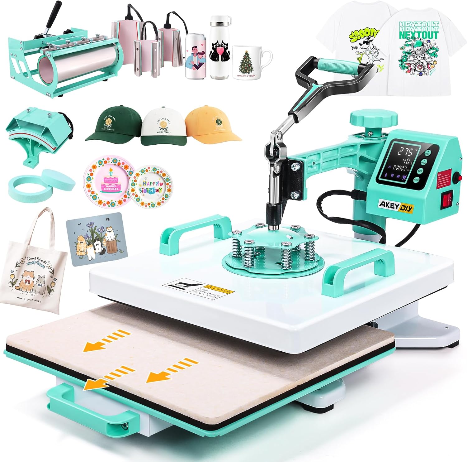 15x15 Heat Press Machine, 8in1 Multi-Purpose Heat Press with 11-30oz Tumbler/Mug/Hat Press, 360° Swing Away/Slide Out Sublimation Tshirt Combo, DIY Heats Transfer Press Vinyl