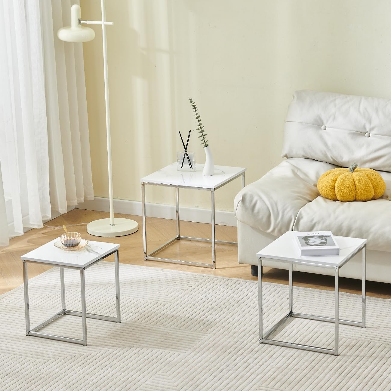 Set of 3 Nesting Tables Nest Coffee Tables High Gloss Square Modern Wood Tabletop Metal Frame Sofa Side Tables Cube End Tables Living Room Furniture