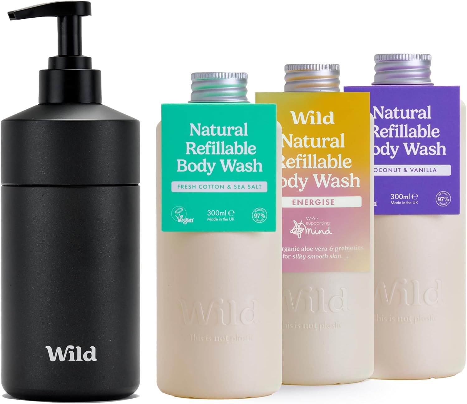 Wild Natural Refillable Body Wash Starter Kit - Black Aluminium Case & 3 Pack of Shower Gel Refills in a Variety of Scents - Includes Coconut & Vanilla, Fresh Cotton & Energise Scents