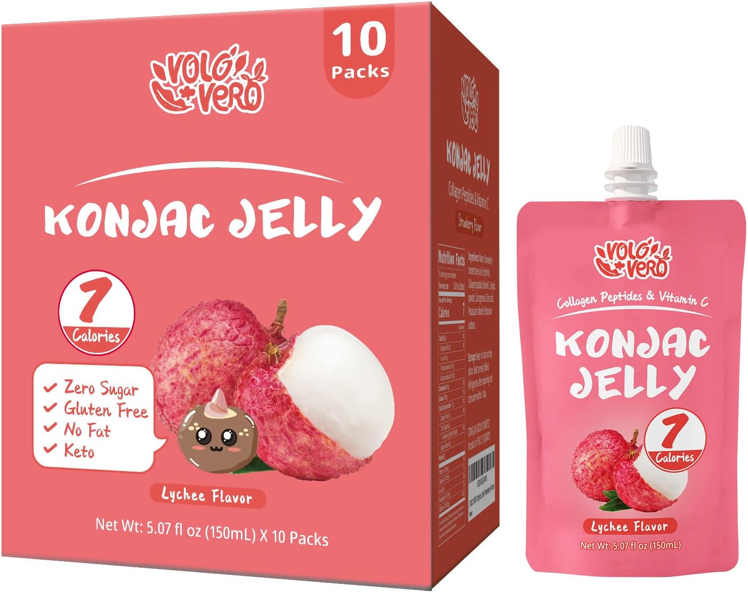Konjac Jelly Pouch Drink, Lychee Flavor, 10-Pack, 7 Calories, Zero Sugar, Gluten Free, Keto, with Collagen Peptides & Vitamin C, Low Carb Healthy Fruit Snacks, Holiday Gifts
