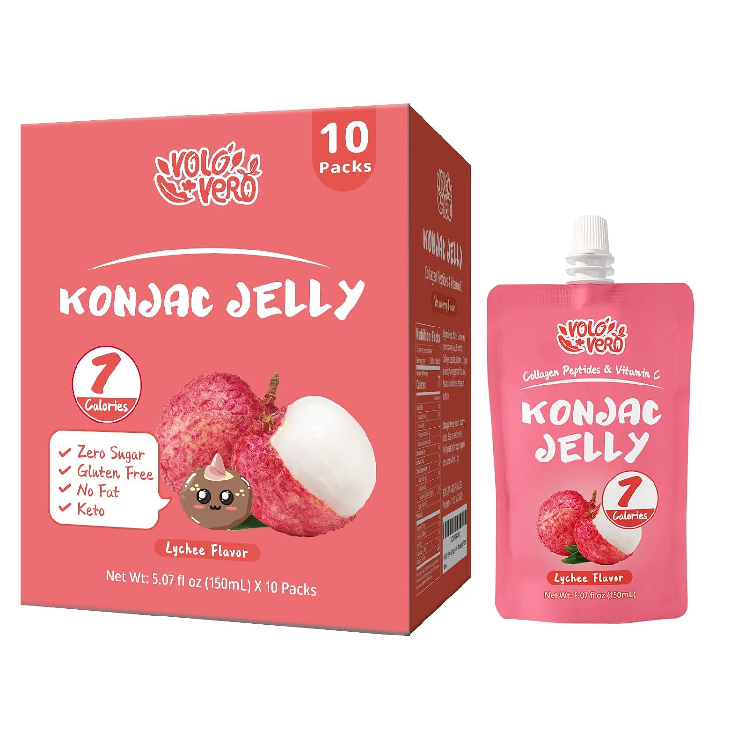 VOLO VERO Drinkable Konjac Jelly Pouch Lychee Flavor, Low Calories Snacks | 10 Pack, Gluten Free, Zero Sugar, Keto, Low Carb, Vitamin C Healthy Fruit Snacks, Holiday Gifts
