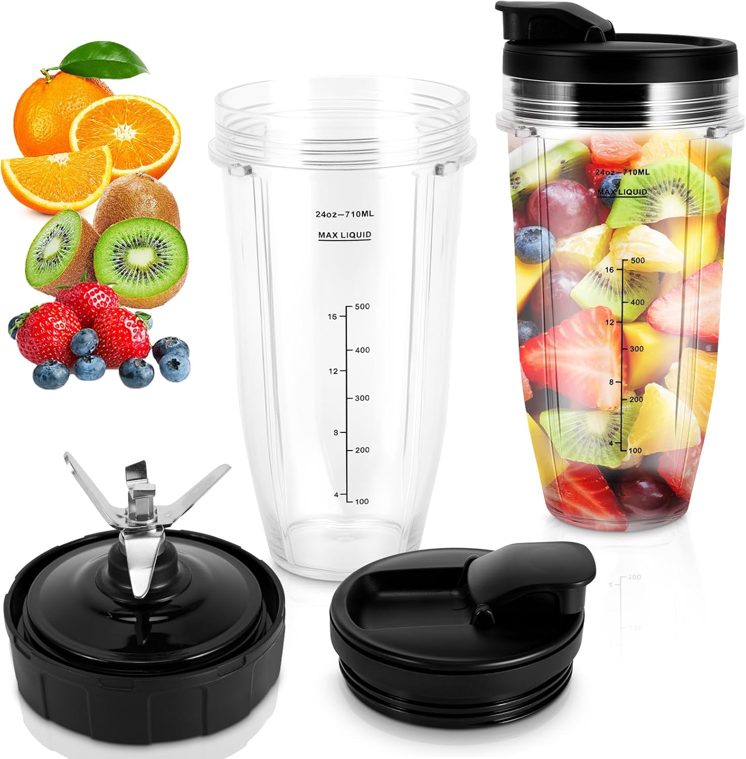 5 Pieces Ninja Blender Replacement Parts, 2X 710ml Cups and 2X Spout Lids and 1x Blade with Compatible Ninja Auto Blender Parts BL2012/BL2013/BL480/BL480D/BL481/BL482/BL486CO/BL487 etc