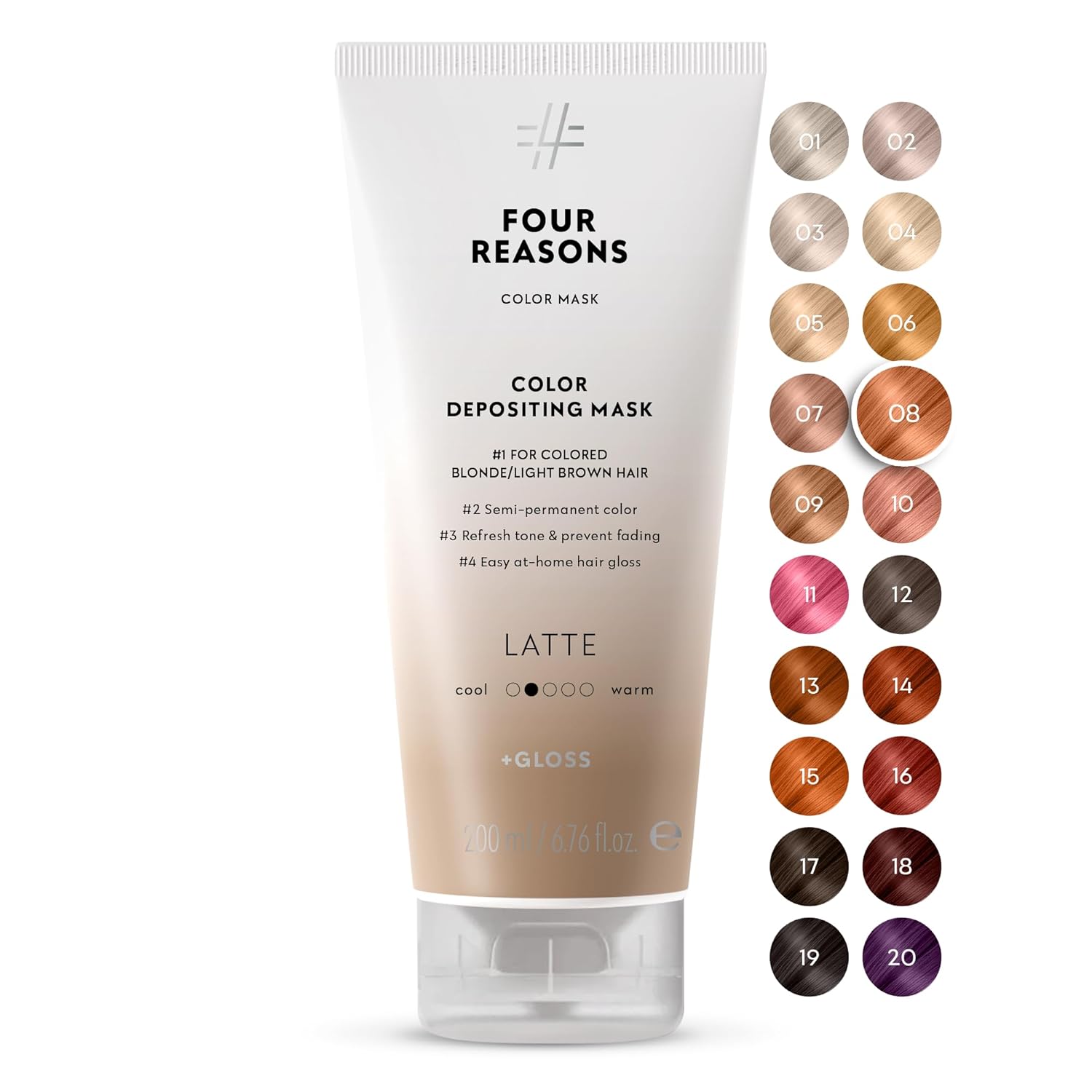 FOUR REASONS Color Mask, Latte (27 Colors) – Hair Gloss & Color Depositing Conditioner – Semi Permanent Hair Toner for Color-Treated Hair Color For Women – Vegan & Cruelty-Free – 6.76 fl oz