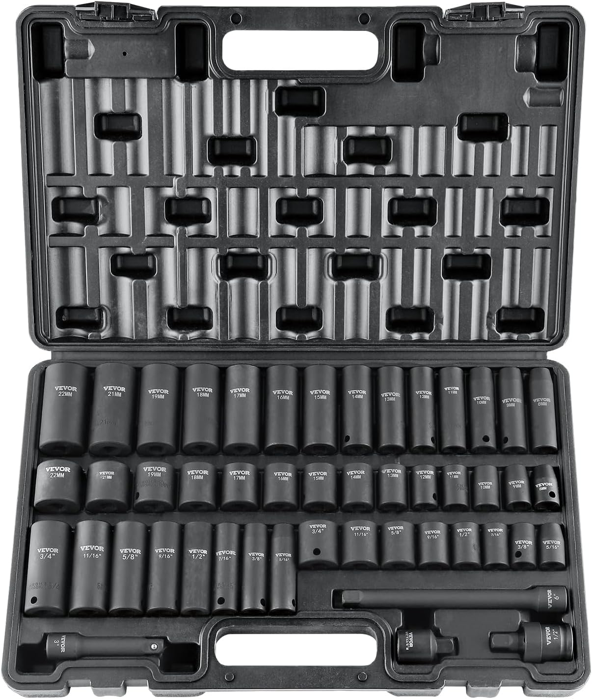 VEVOR 3/8" Drive Impact Socket Set, 48 Piece Socket Set SAE 5/16" -3/4" and Metric 8-22mm, 6 Point Cr-V Alloy Steel for Auto Repair, Easy-to-Read Markings, Rugged Construction, Includes Storage Case