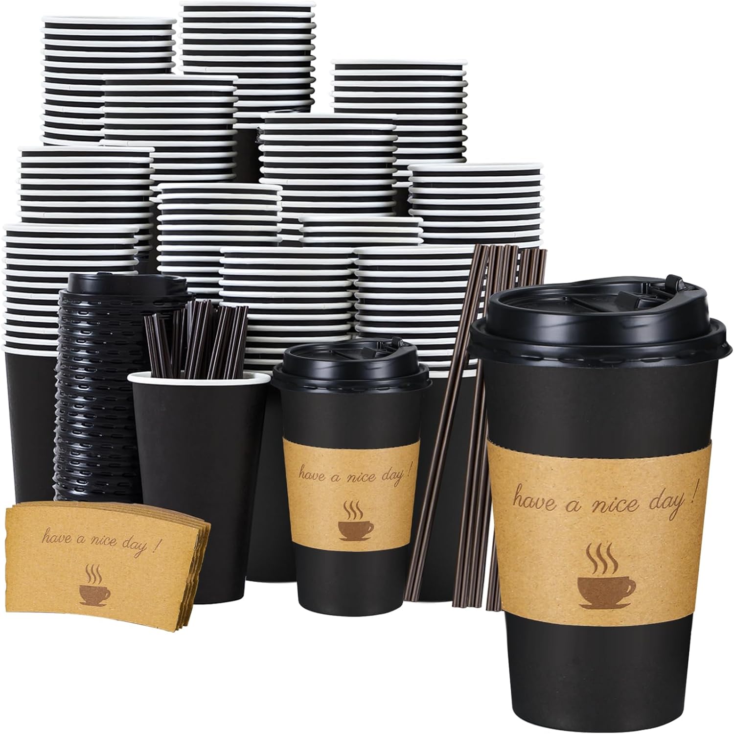 Lamosi 16 OZ 50 Pack Coffee Cups, 16 Ounce To Go Cups with Lids, Stir Sticks and Sleeves, 16 Ounce Disposable Coffee Cups, 16 Ounce Black Hot Paper Cups for Home, Travel, Office