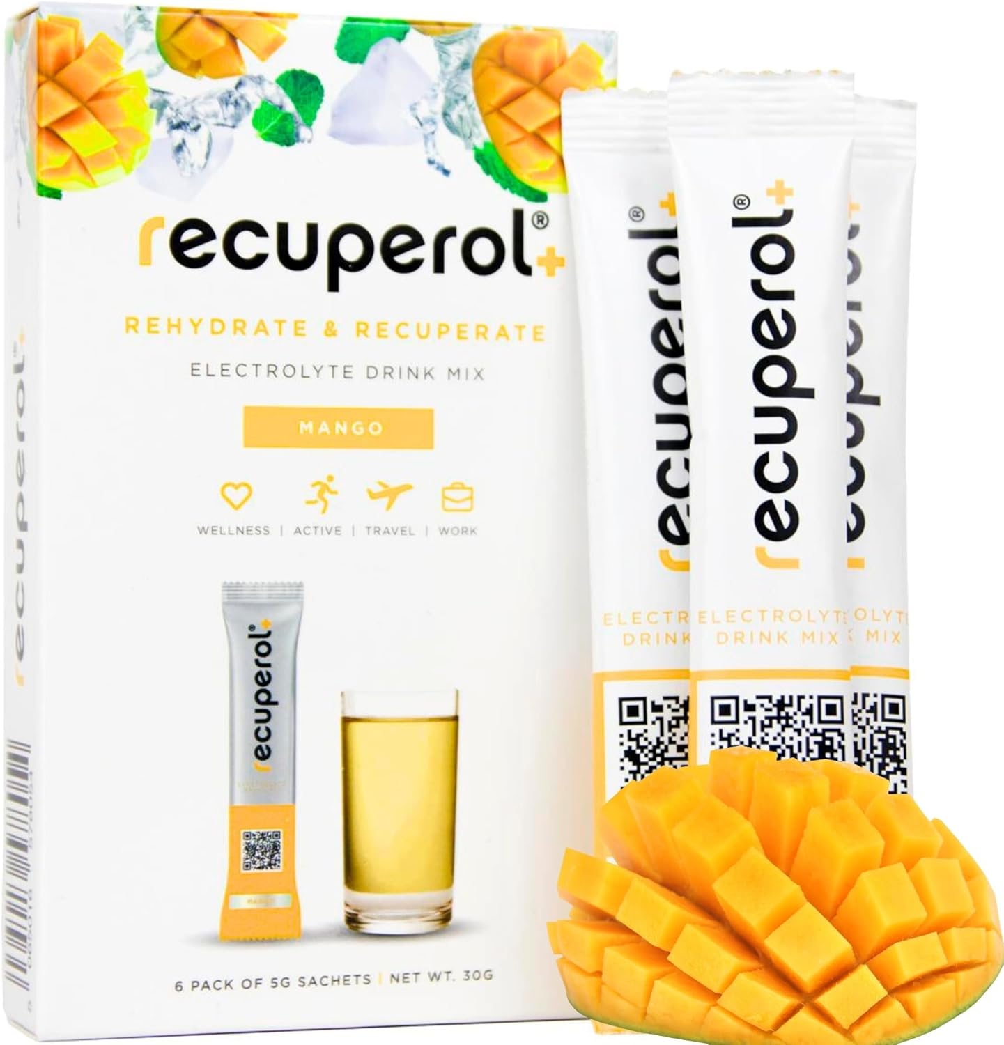 Recuperol Rehydration & Recovery Electrolytes Powder Supplement for Dehydration, 6 Sachets, Replace Mineral Salts & Fluids, Zinc, Vitamin C, B12, D3, Potassium, Natural Mango Flavour