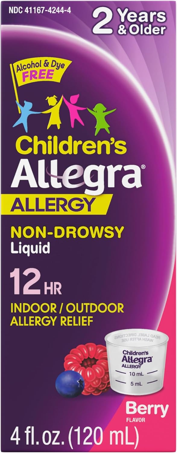 Allegra Children's 12HR Allergy Relief Non-drowsy Antihistamine Liquid, Berry Flavor, Alcohol-Free & Dye-Free, Fexofenadine HCl, 4 oz.