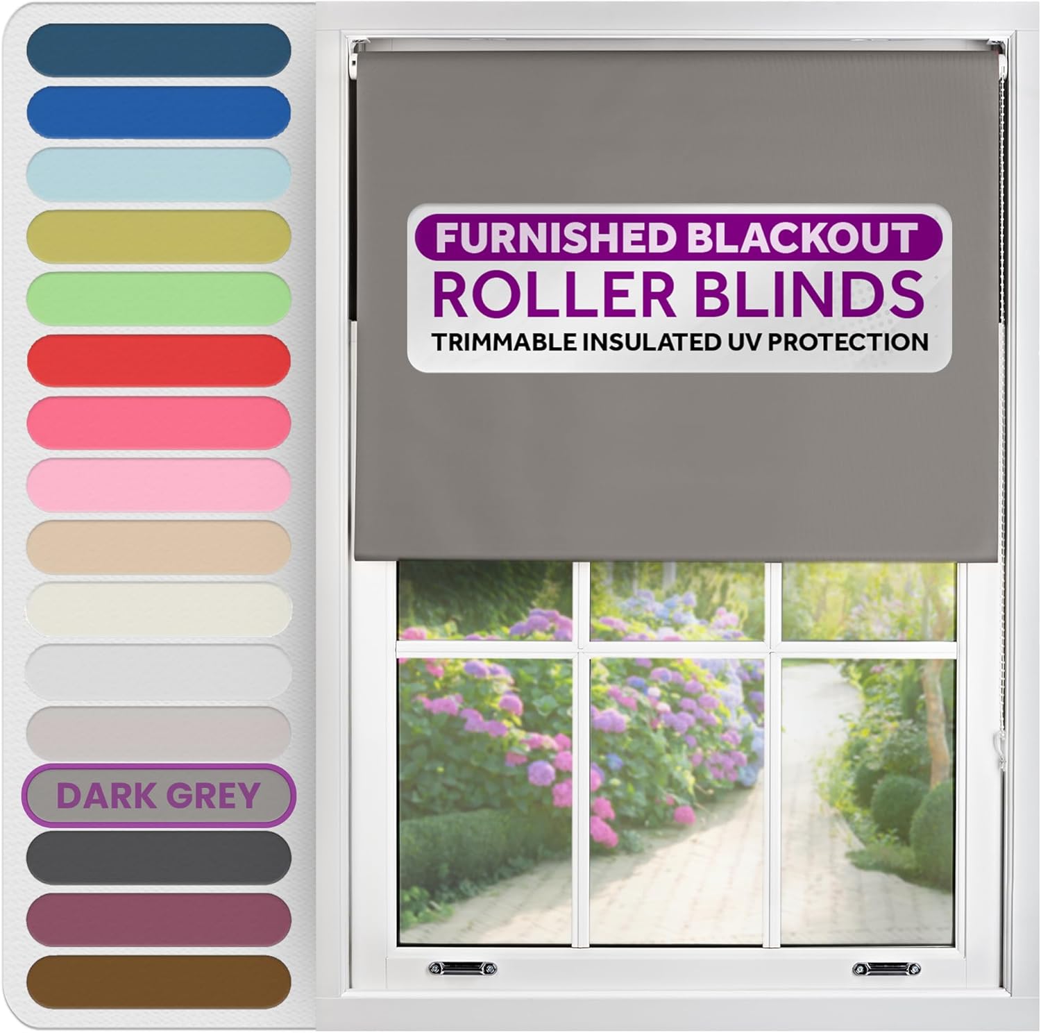 FURNISHED Roller Blinds Thermal Blackout Roller Blind - Trimmable Insulated UV Protection Child Safe Easy Fit Home Office Window Blinds, Dark Grey, 240W x 165H cm