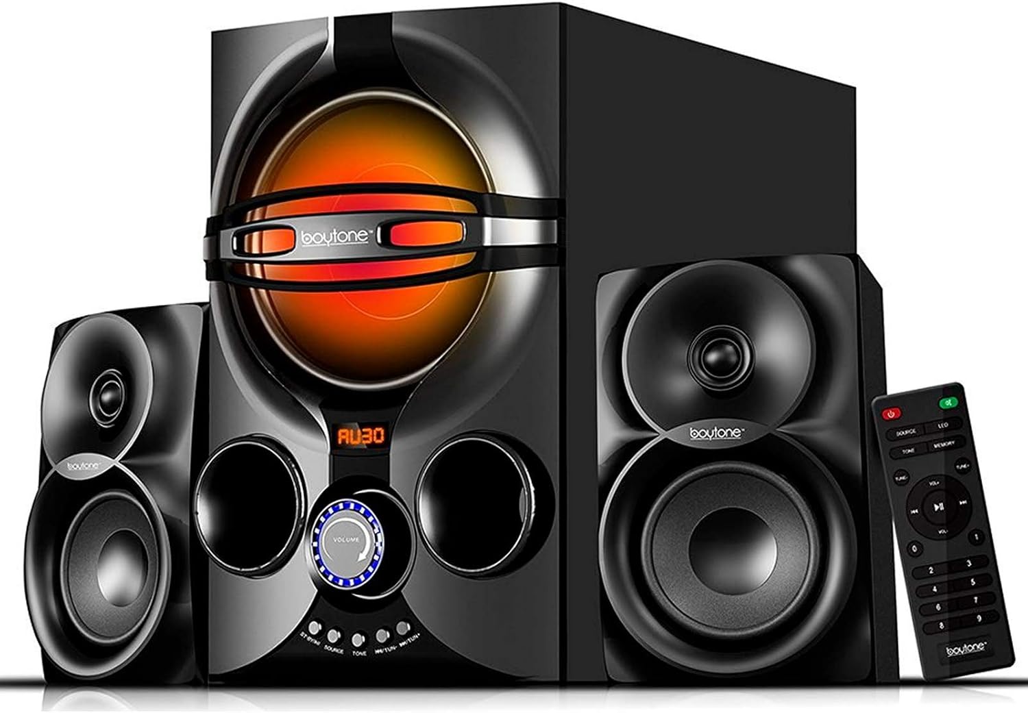 Boytone BT-324F, 2.1 Bluetooth Powerful Home Theater Speaker Systems, with FM Radio, SD USB Ports, Digital Play Back, 40 Watts, RGB Light, Full Function Remote Control, Smartphone, Tablet