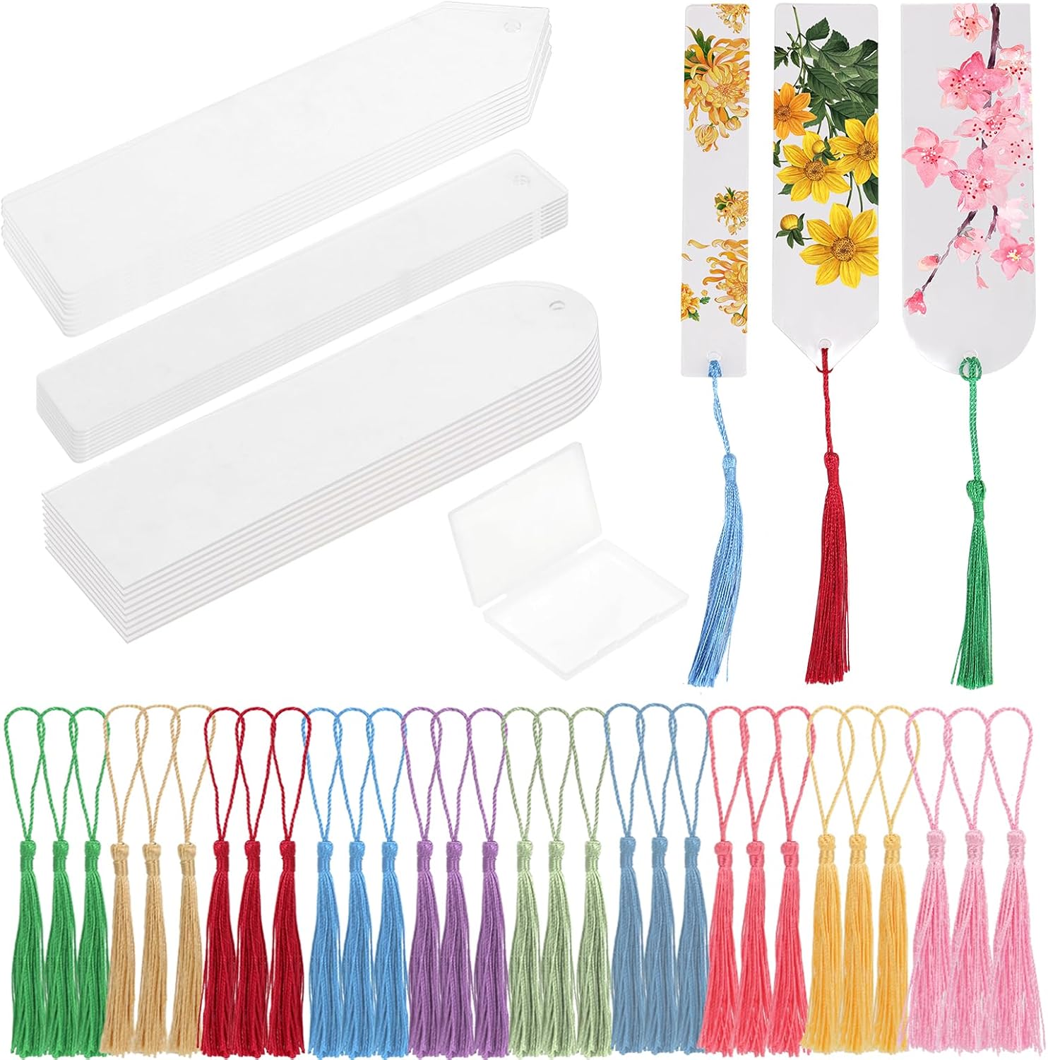 Acrylic Bookmark Blanks Bulk,30PCS Clear Acrylic Bookmarks with 30PCS 10 Color Tassels, Rectangle Semicircle Clear Bookmarks for DIY Craft Hanging Gift Tags