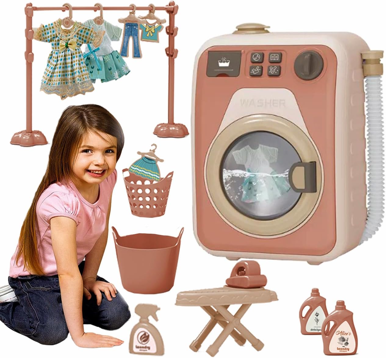 COO11 18pcs Kids Washing Machine Toy and Accessories with Light and Sound, Household Appliance, Roller Washing Machine, Laundry Room, Educational Fun Learning Toy, for Girls, Suitable for 3+